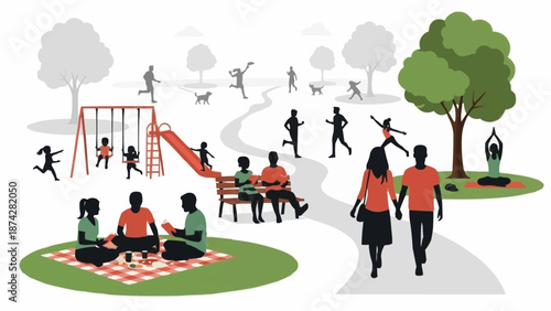 Diverse group of people enjoying outdoor activities in a park setting.