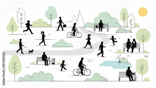 Diverse group of people enjoying outdoor activities in a park setting.