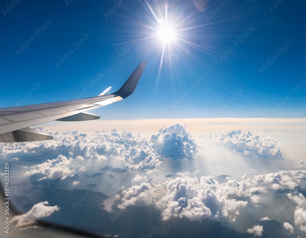 Fototapeta premium bright sky view from airplane window with sun and fluffy clouds