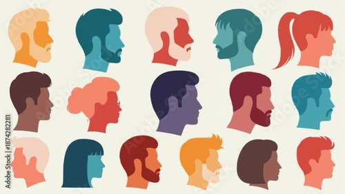 Diverse group of people profiles in silhouette and profile view.