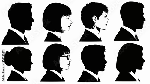 Diverse Group of People Silhouettes Facing Right.