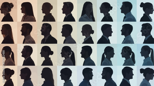 Diverse group of people silhouettes in profile view.