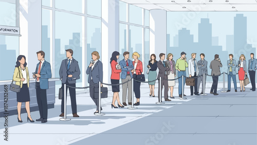 Diverse group of people standing in a long queue indoors.