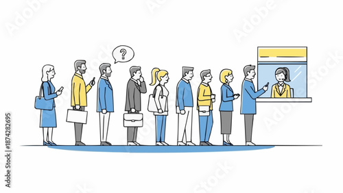 Diverse group of people standing in a long queue waiting for service.