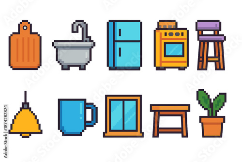 Home essentials icon set in outline style: kitchen, furniture, and appliance icons collection