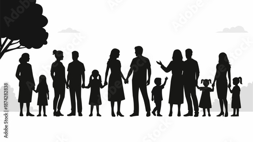 Diverse group of people standing together in silhouette.