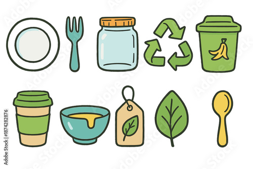 Zero waste lifestyle icon set. Eco-friendly, sustainability, recycling icons collection.