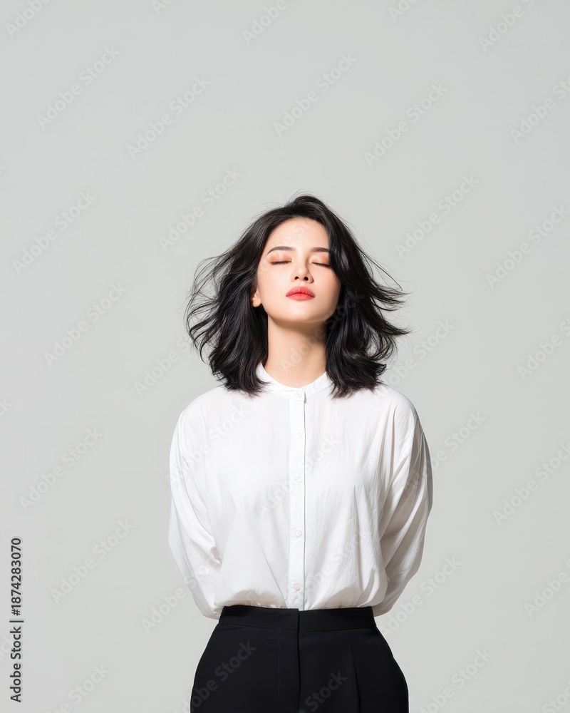 Fototapeta premium Elegant woman with black hair wearing white shirt and black pants