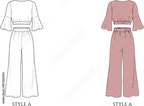 Crop top, wide sleeves, high-waisted pants, flared legs, front view, back view, fashion sketch, flat vector illustration