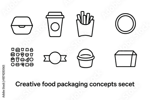 Food packaging icon set. Flat fast food, burger, drink, and container icons.