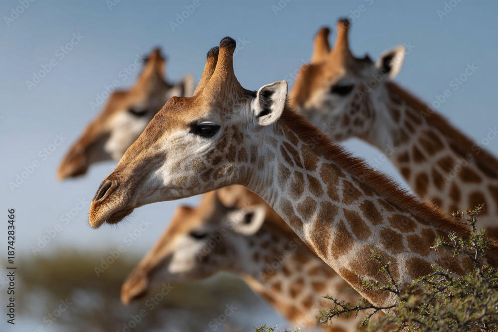 Obraz premium A majestic herd of giraffes feeding on tall acacia.