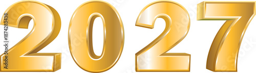 Gold 3D 2027 number. Hand drawn vector icon illustration.