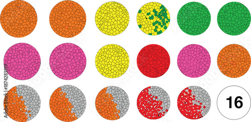 Color pattern circles, visual test design, abstract dots, colorful texture, perception art, grid layout, vector shapes, modern style, artistic puzzle, vibrant palette