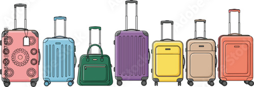 Colorful luggage lineup, travel bags, suitcase collection, rolling luggage, modern design, travel accessories, portable storage, stylish travel gear illustration