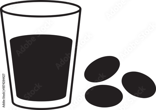 Black Glass and Seed Harmony: A stark monochrome illustration showcases a glass filled with a dark liquid alongside several seeds, a study in contrasts and simplicity.