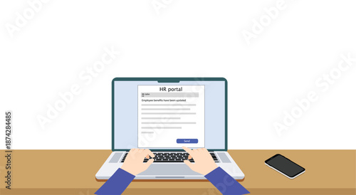 Email page laptop employee benefit documet send HR portal hand typing laptop 