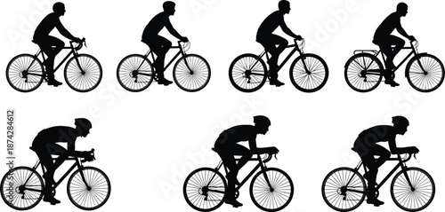 Cycling silhouette illustration, bicycle riders, casual commuting, racing posture, bike types, sports activity, fitness exercise, transportation vector art