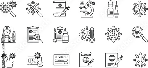 COVID-19 vaccine icon set, virus detection symbols, immunity passport graphics, healthcare line style, medical research vector illustration
