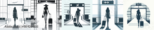 Silhoutte Woman Boarding a Plane at Airport Gate Vector Illustration