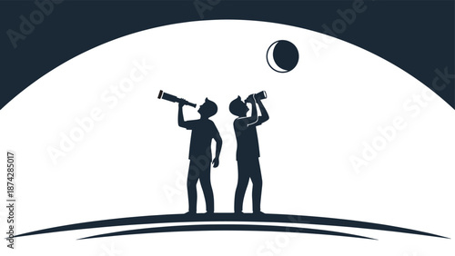 Astronomical Pursuit: Two silhouettes gaze through telescopes, immersed in the celestial sphere. An emblem of curiosity, exploration, and discovery.