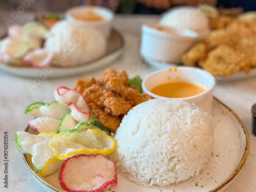 Fried Chicken Meal with Rice and Crackers
