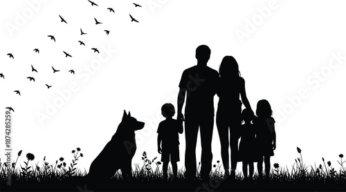 Family silhouette outdoors with children, parents holding hands, dog sitting, birds flying, nature grass wildflowers, unity love togetherness illustration