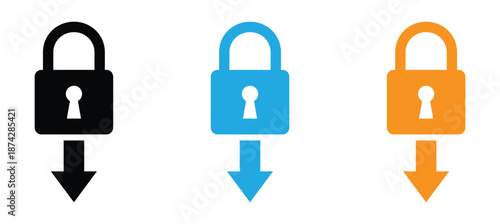 Simple padlock icon, unlocked, with downward arrow, suggesting security access or data transfer. Secure access icons with downward arrow. 