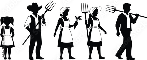Farming family silhouette, traditional attire, pitchfork tools, rural lifestyle, agriculture concept, black figures, harvest scene, farmer group, countryside culture, white background, community