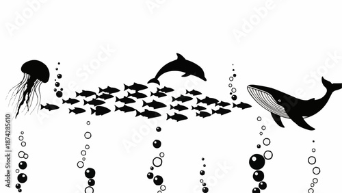 Diverse marine life swimming together in clear water.