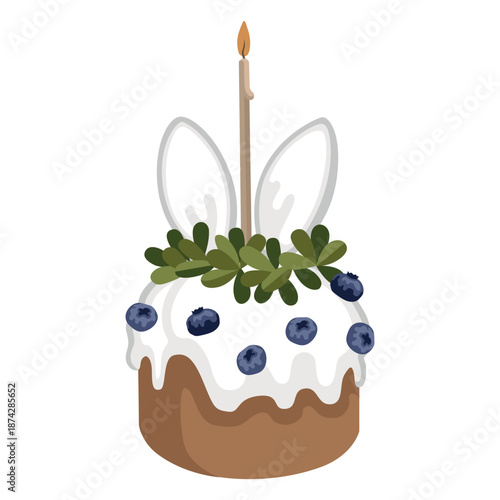 Hand-drawn Easter cake design made of berries, green leaves wreath and candle and bunny ears, Easter greeting card template