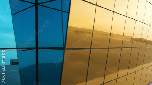 Wallpaper Mural Panning view of a contemporary building exterior with vibrant purple, blue, and gold reflective glass panels Torontodigital.ca