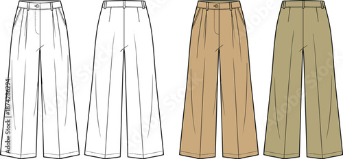 Wide-leg pants front back, technical sketch, colored version, pleated design, fashion flat, garment detail, flat vector illustration