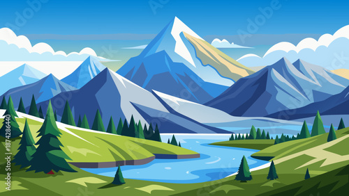 Vibrant mountain landscape with a flowing river and lush green hills under a clear blue sky