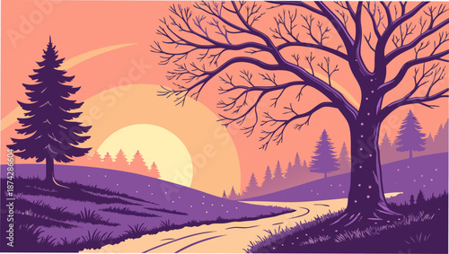 A tranquil dawn over rolling purple hills with silhouetted trees and a winding path