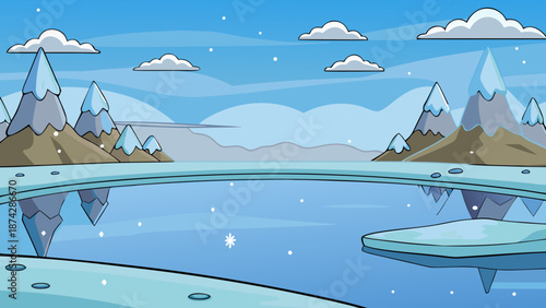 A charming cartoon winter landscape with snow-capped mountains and icy reflections