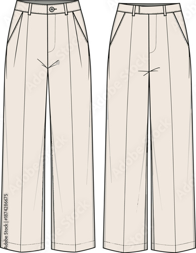 Wide-leg trousers, high waist, belt loops, slanted pockets, front seam, fashion sketch, technical drawing, flat vector illustration