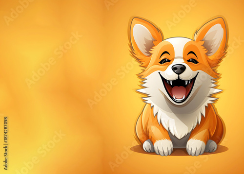 A delightful and cheerful cartoon corgi with a wide, happy smile and expressive eyes sits against a warm, vibrant orange background, radiating pure joy and canine charm