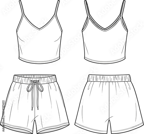 Crop top shorts set, front back view, V-neck straps, drawstring waistband, casual summer outfit, fashion flat, flat vector illustration