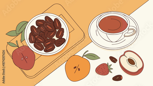 Flat lay of assorted fruits and nuts with a cup of tea on a saucer against a two-tone background.