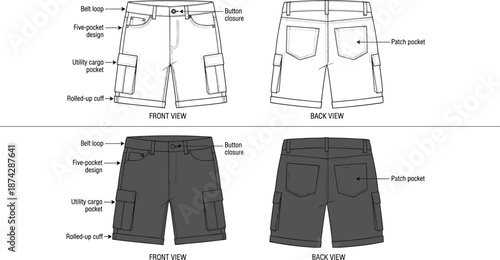 Cargo shorts, front view, back view, utility pocket, rolled cuff, belt loops, fashion sketch, flat vector illustration