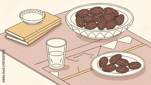 Flat lay of coffee beans on plates and a glass of milk on a pink table with a book and bowl, against a plain background with warm tones.