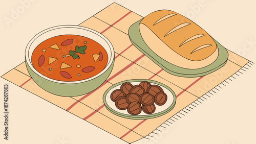 Flat lay of a bowl of bean stew, a plate of dates, and a loaf of bread on a checked tablecloth with a beige background.