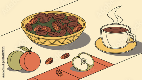 Flat lay of a bowl of almonds, a cup of coffee, and sliced apples on a table with a warm color palette.