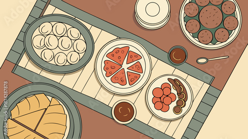 Overhead view of assorted sushi and desserts on a table with a wooden placemat and ceramic plates.