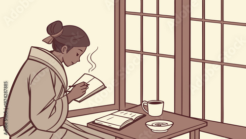 A woman in a beige robe reading a book next to a table with a cup of coffee and a plate in a room with large windows and a warm color scheme.