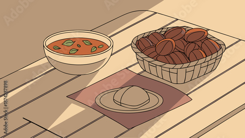 Still life of a bowl of soup, a basket of bread rolls on a table with a brown napkin and plate.