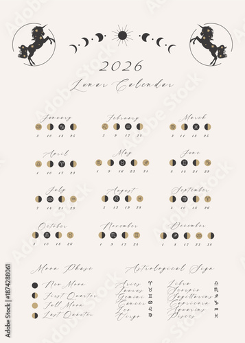 Moon calendar for 2026 year showing lunar phases throughout the year. Clean and informative illustration designed for planning, astrology, astronomy, and wellness use.