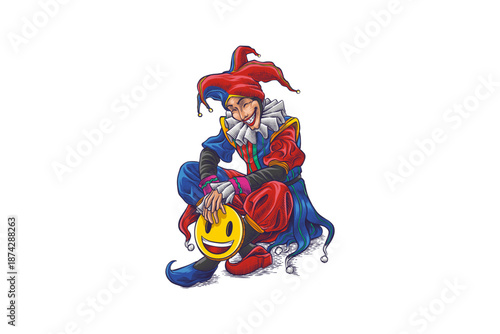 illustration of a laughing joker carrying a smile icon