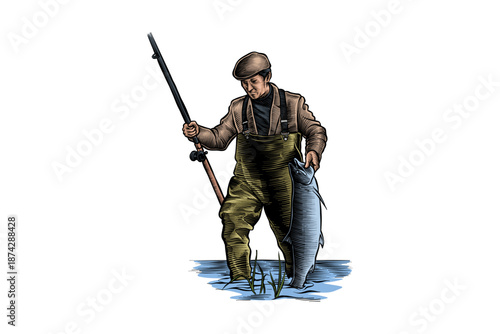 illustration of a fisherman in retro style