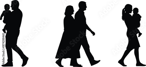 Family silhouettes walking and carrying baby, parents with child figures showing love and care isolated on white background studio cutout